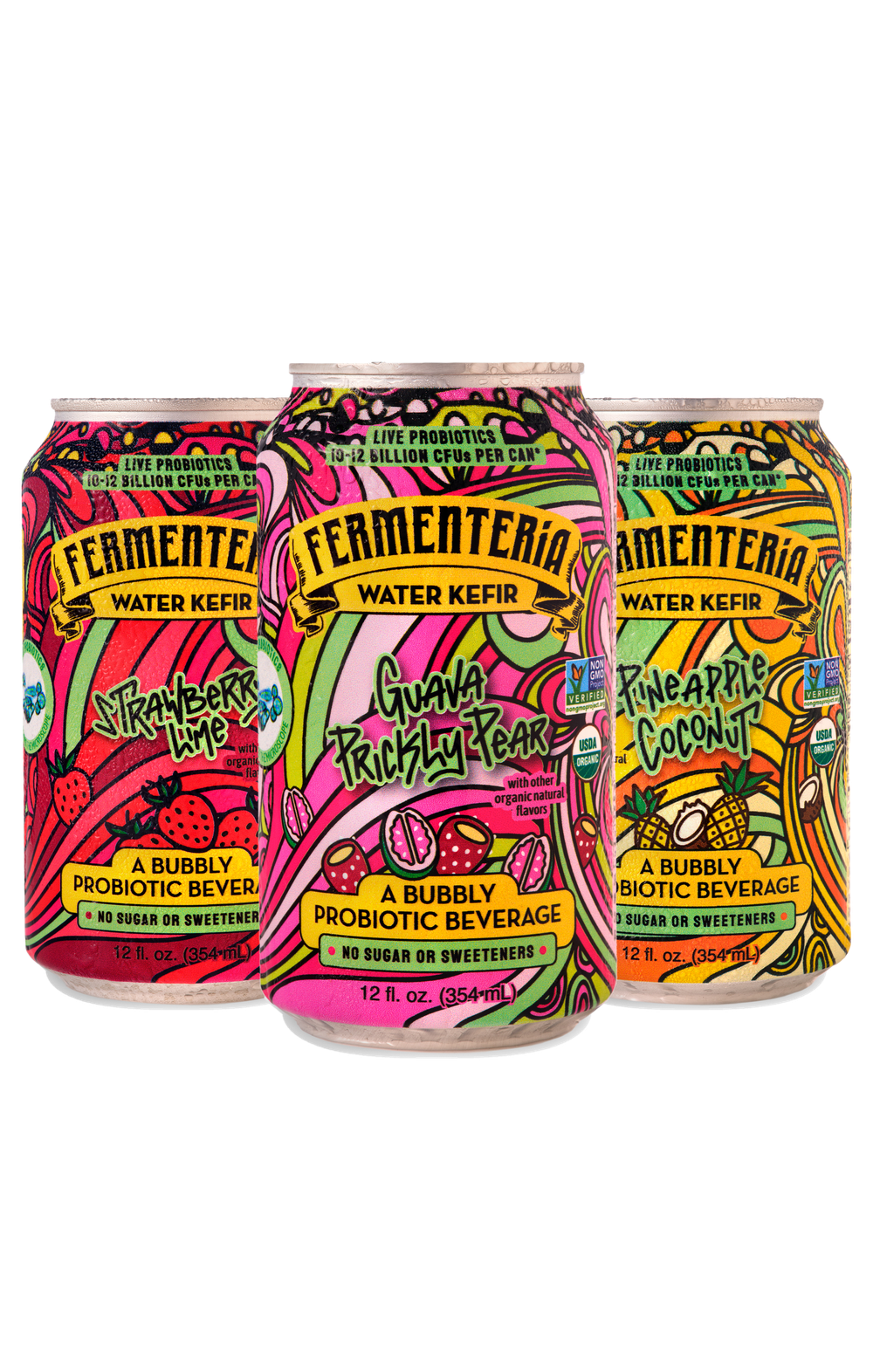Fermenteria water kefir variety pack: Strawberry Lime, Guava Prickly Pear and Pineapple Coconut cans