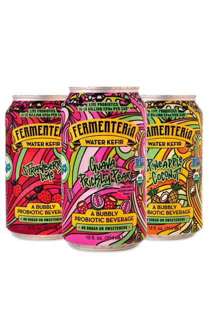 Fermenteria water kefir variety pack: Strawberry Lime, Guava Prickly Pear and Pineapple Coconut cans