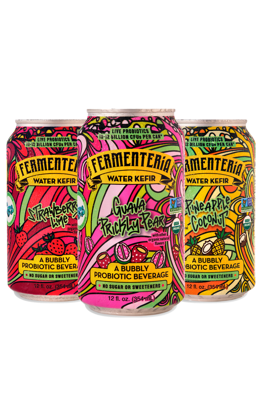 Fermenteria water kefir variety pack: Strawberry Lime, Guava Prickly Pear and Pineapple Coconut cans