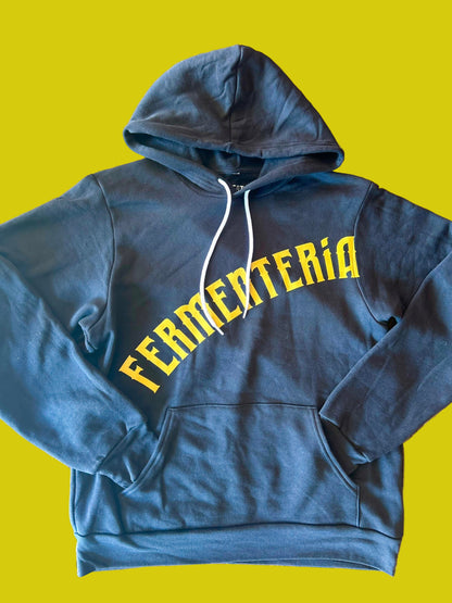Blue hoodie with yellow text 'FERMENTERÓA' on a yellow background